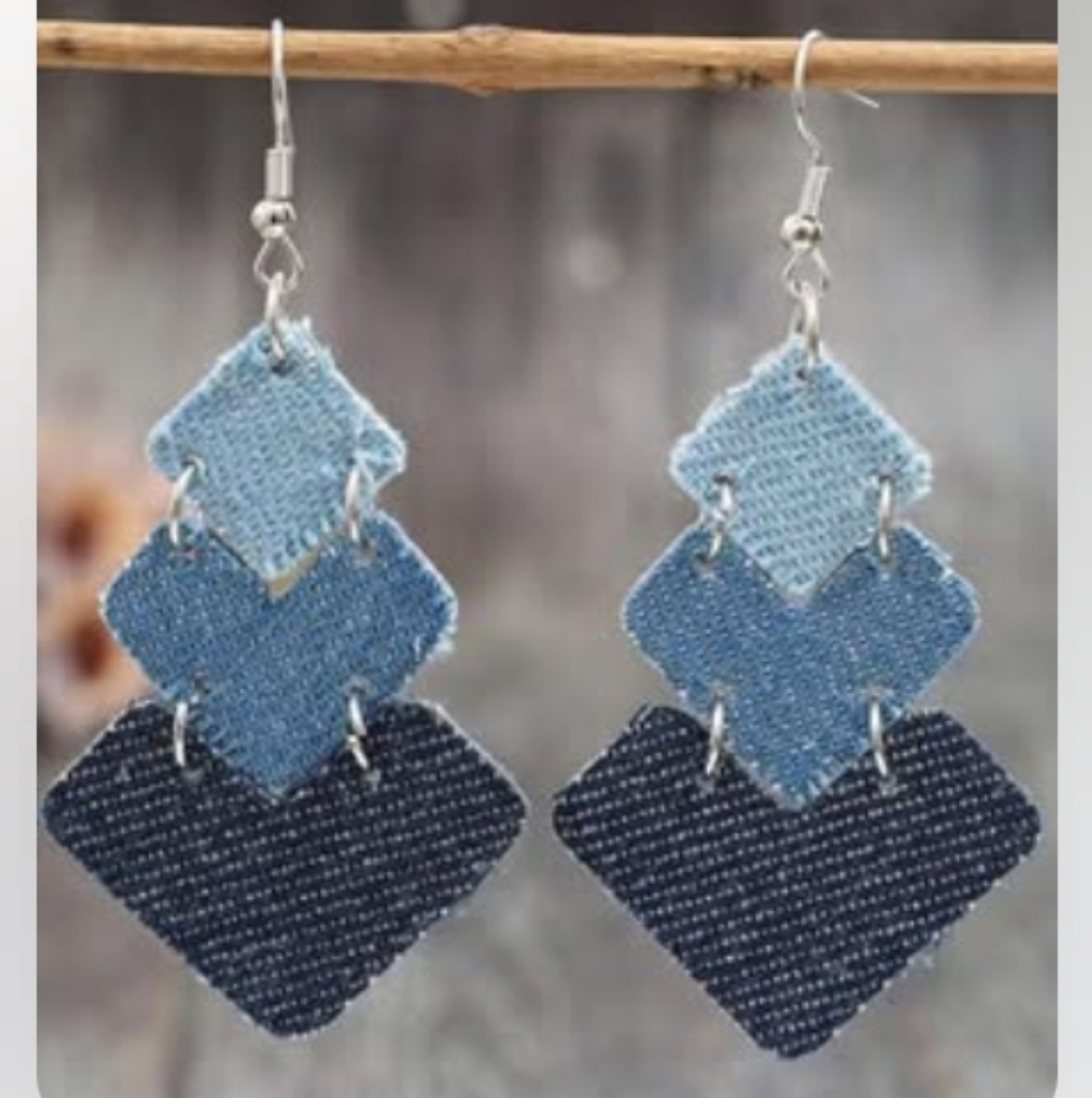 Triple-Tier Blue Denim Drop Earrings - Women Jewelry